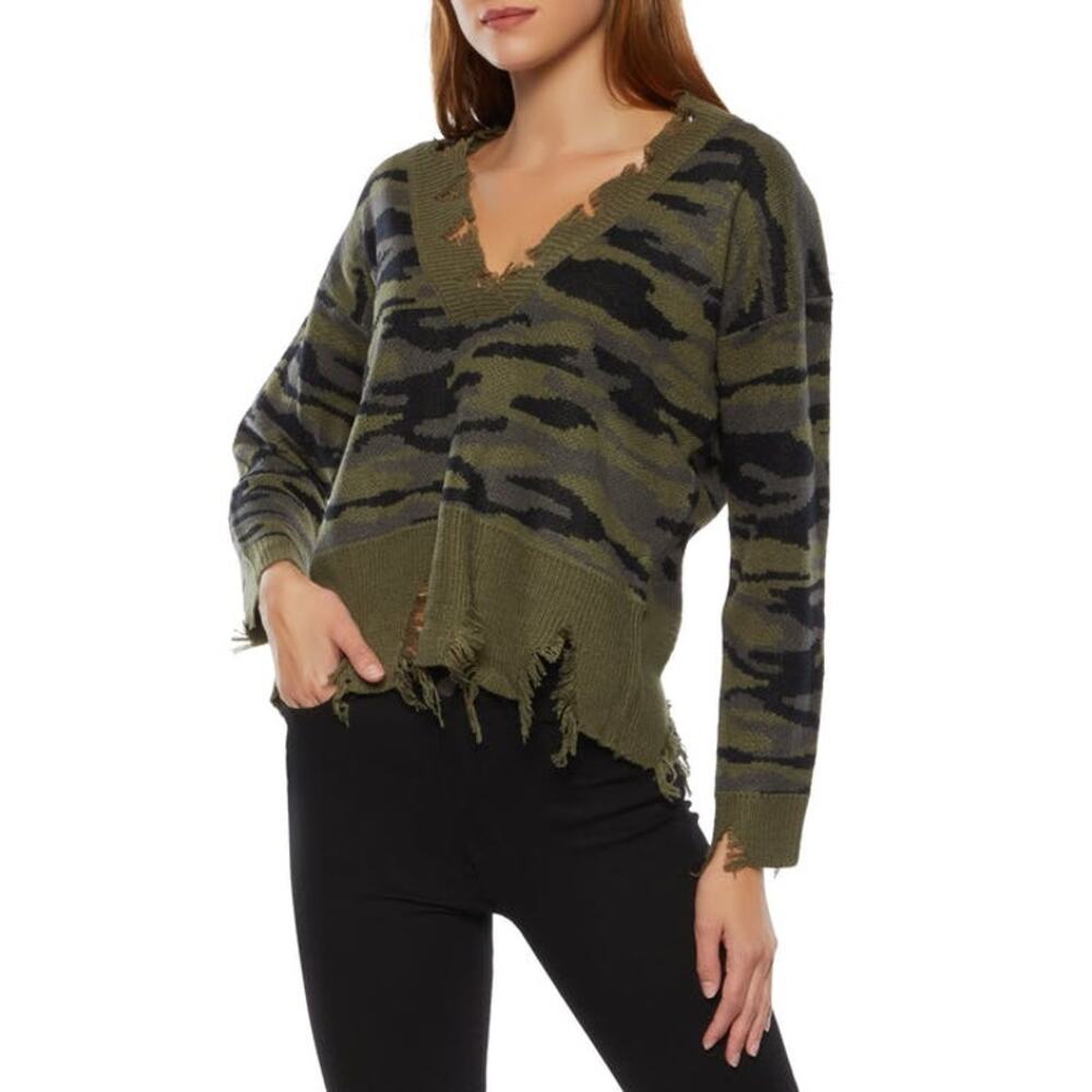 Love By Chelsea Olive Green Camo Distressed Sweater